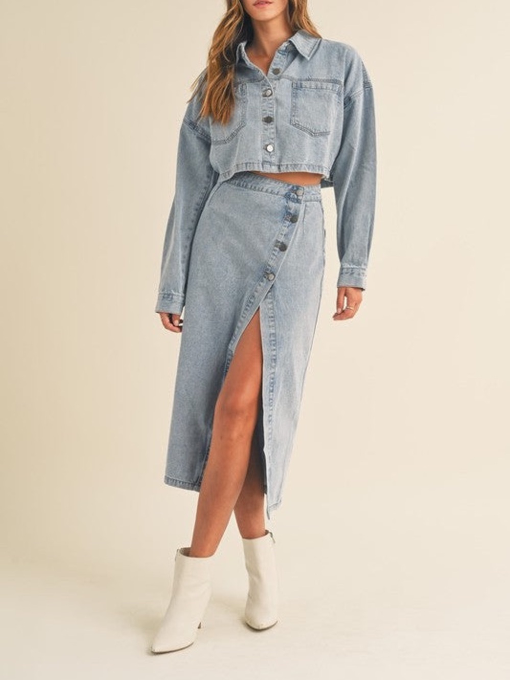 Denim Crop Jacket and Skirt Set